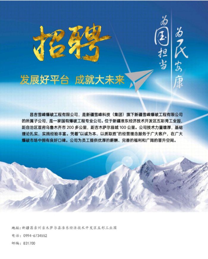 新疆雪峰爆破有限公司招聘